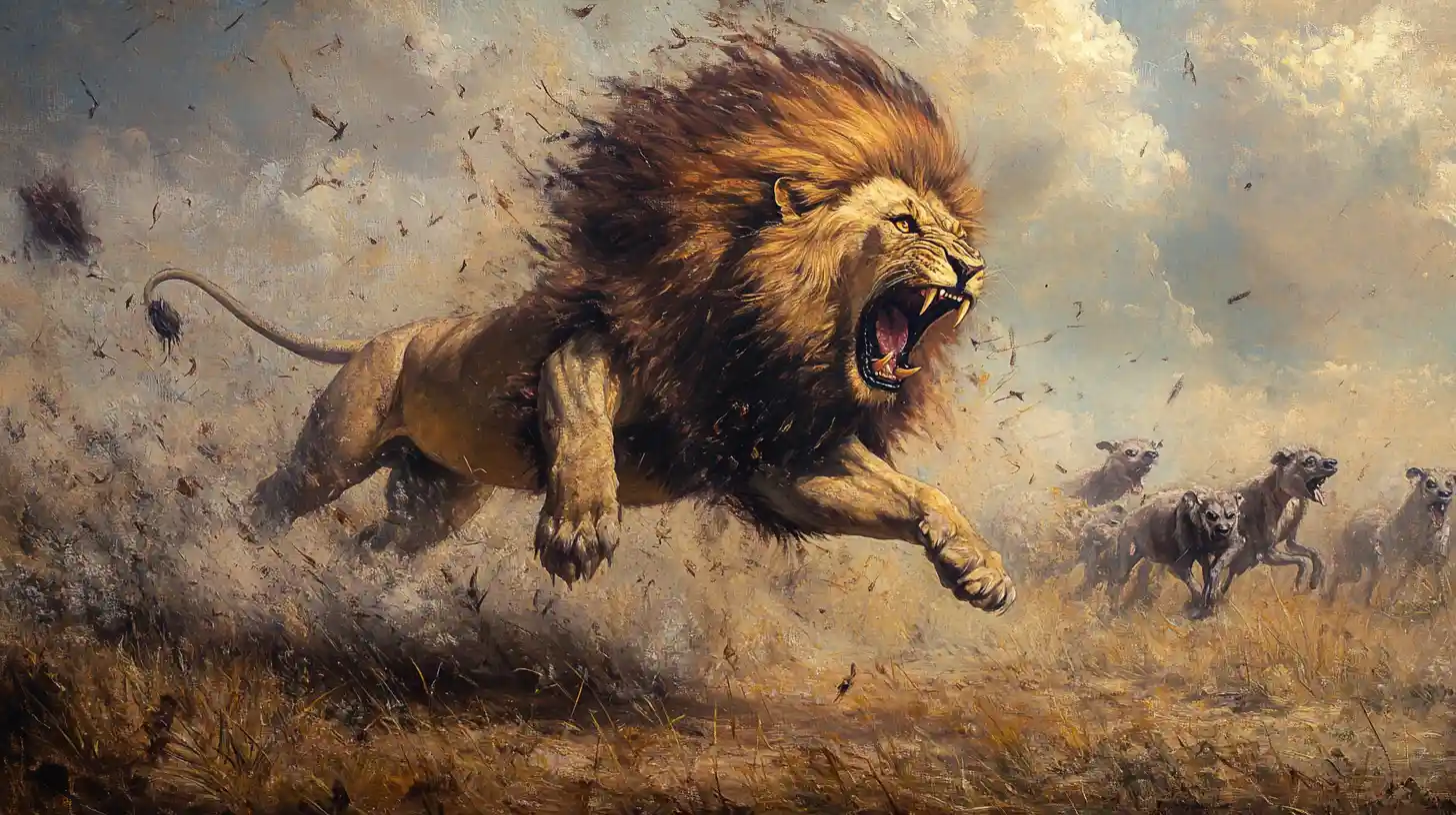 Renaissance style painting of roaring lion in savanna battle