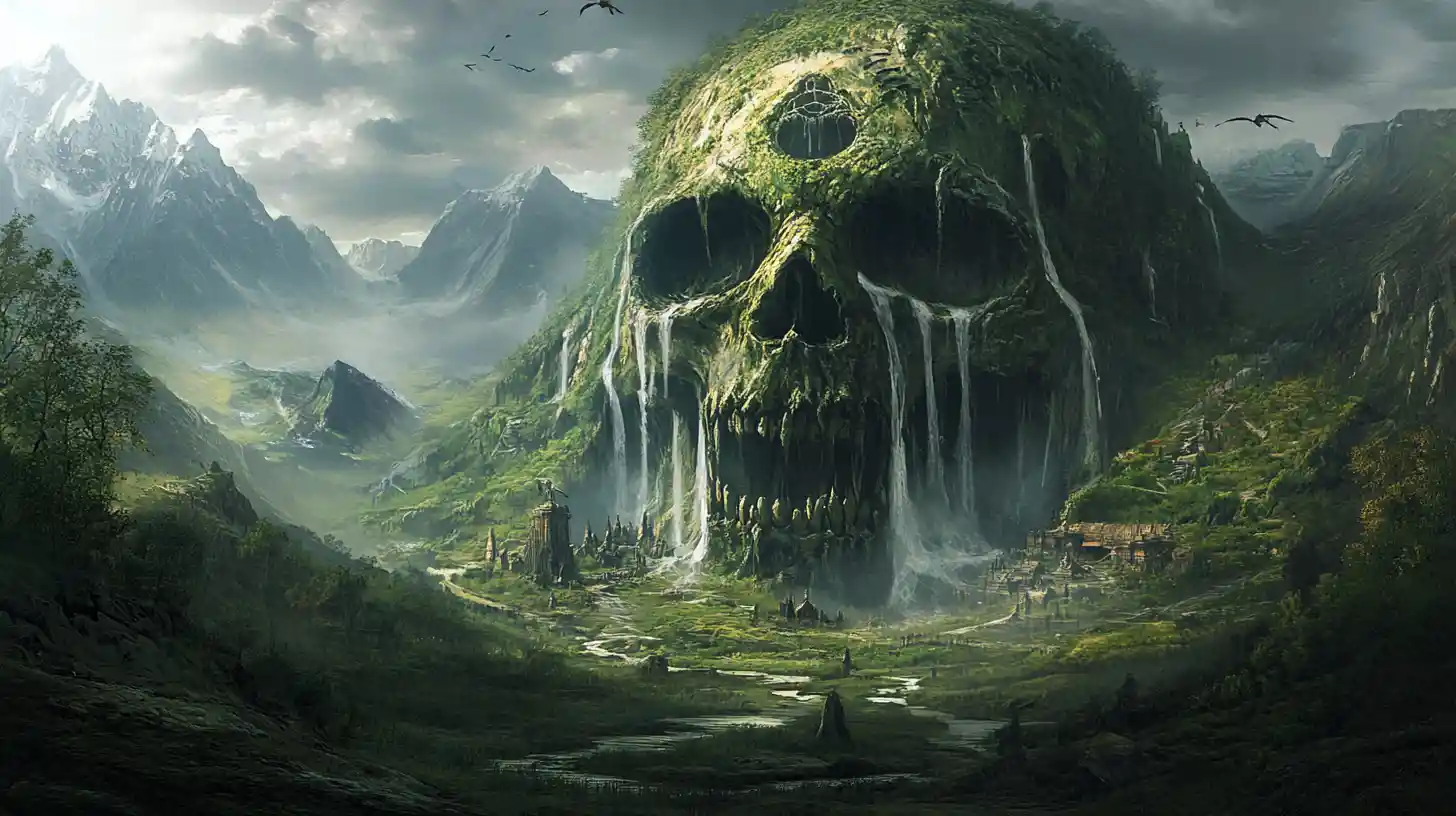 Giant Skull Mountain Valley With Cave And Distant Barbarian