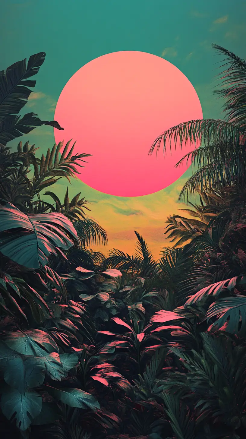 Vibrant pink sunset above lush tropical jungle foliage