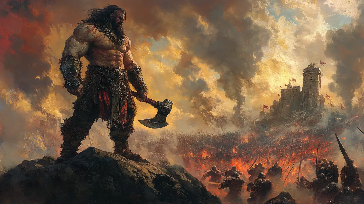Baroque warrior overlooking a vast battlefield in oil painting