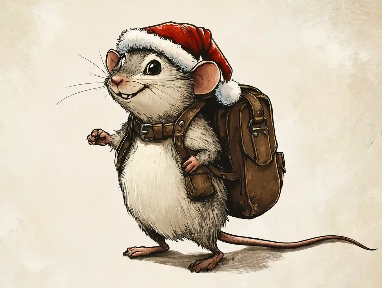 Cartoon-Maus mit Weihnachtsmütze und Ledertasche