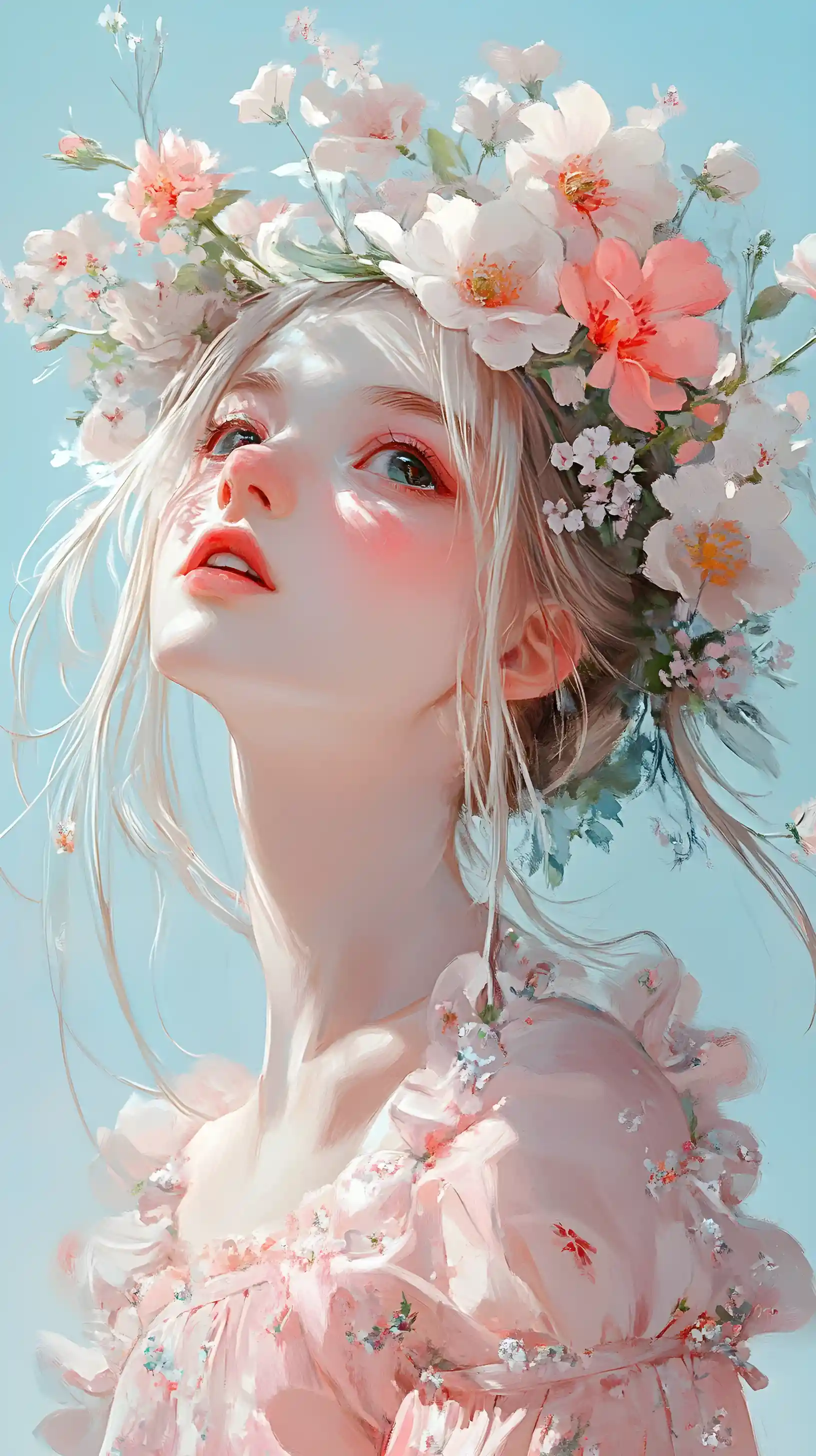Anime girl portrait with floral crown and pink dress