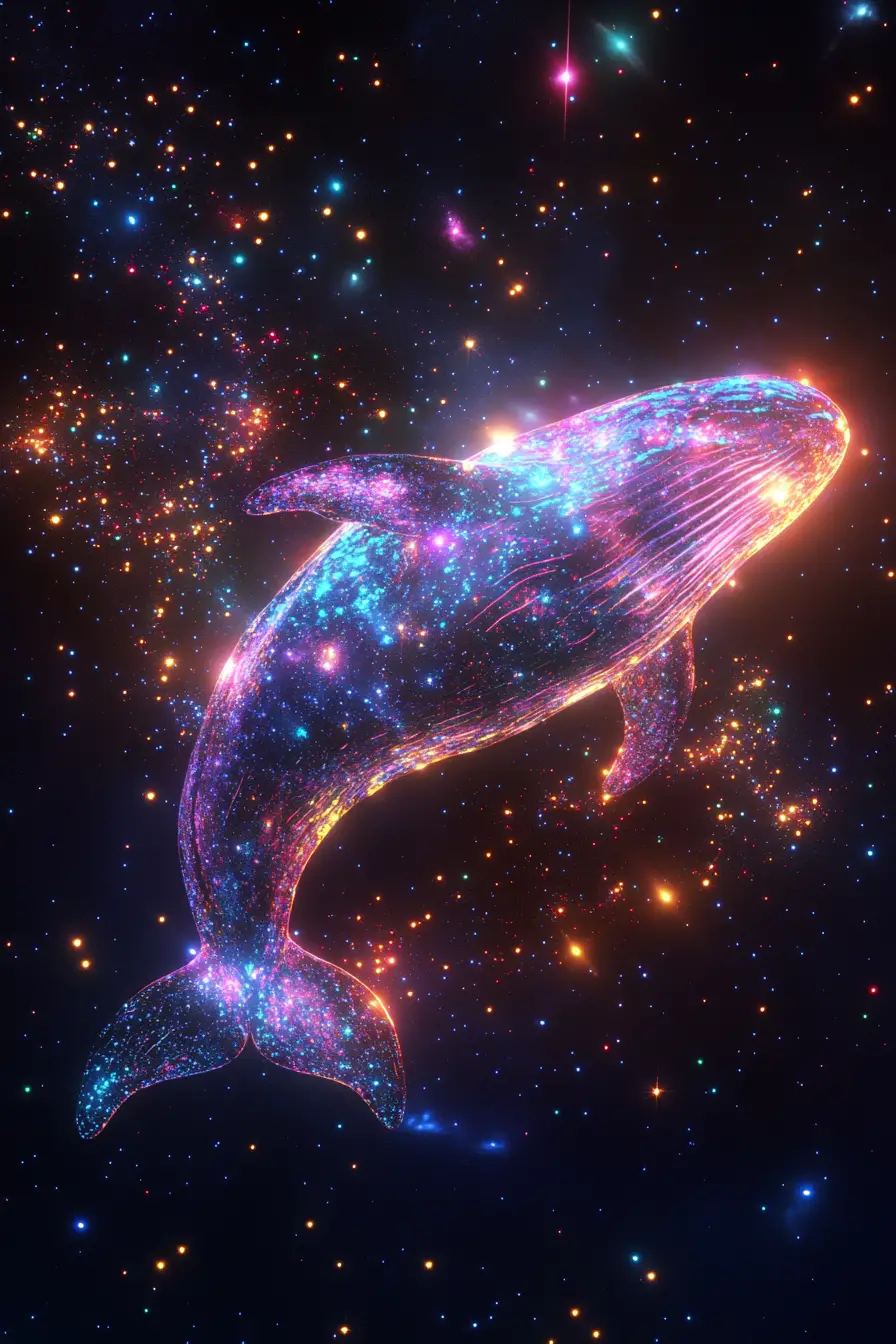 Luminous translucent whale drifting through starry cosmic space