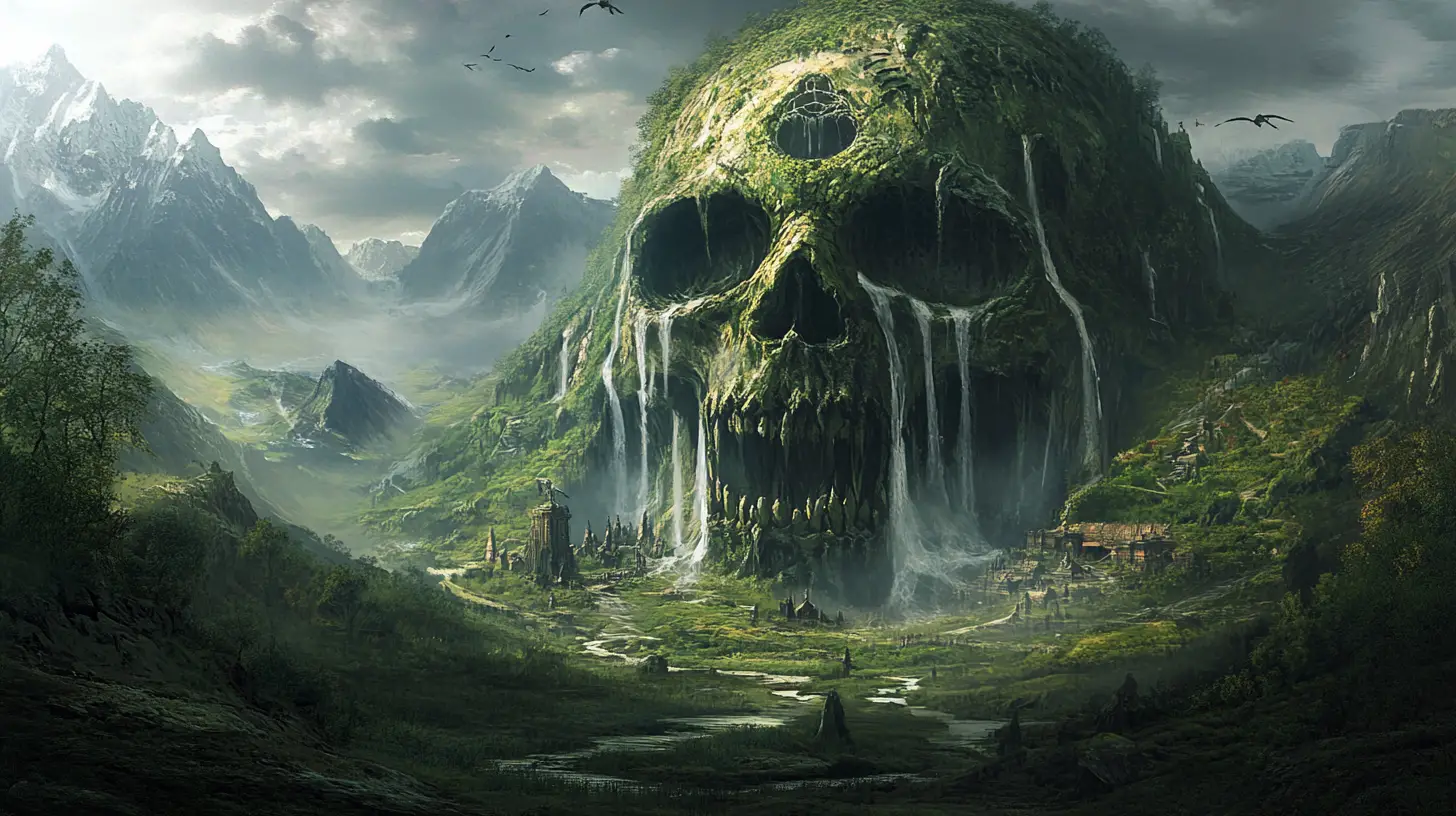 Giant Skull Mountain Valley With Cave And Distant Barbarian