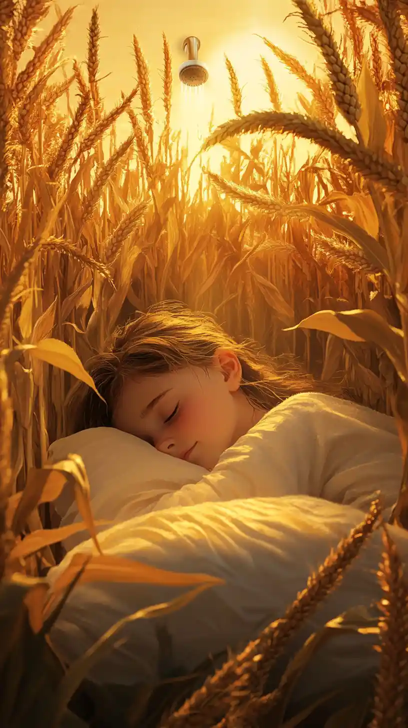 Young girl sleeping in a bed within a golden cornfield