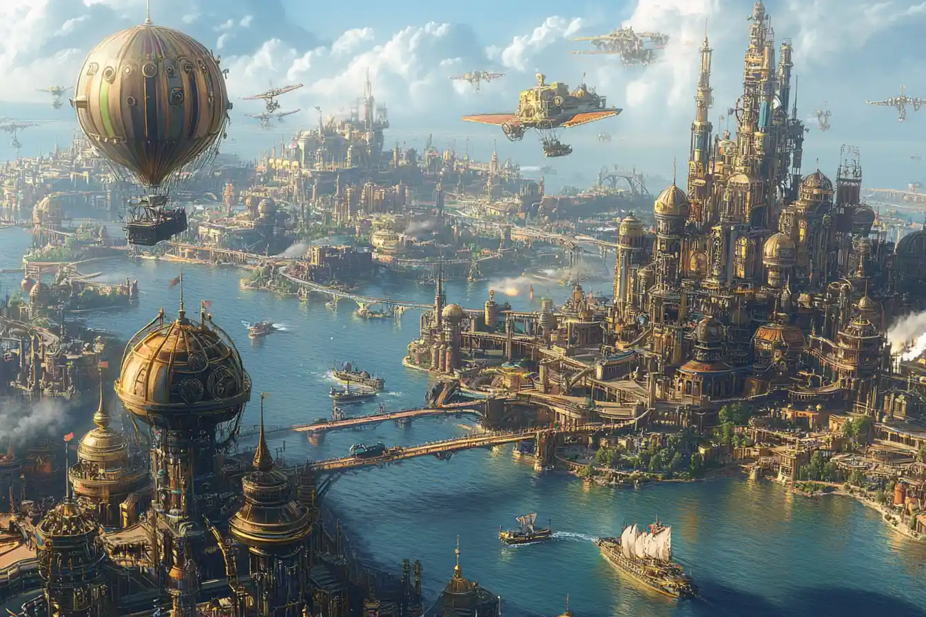 Steampunk islands and airships in a sunlit fantasy world