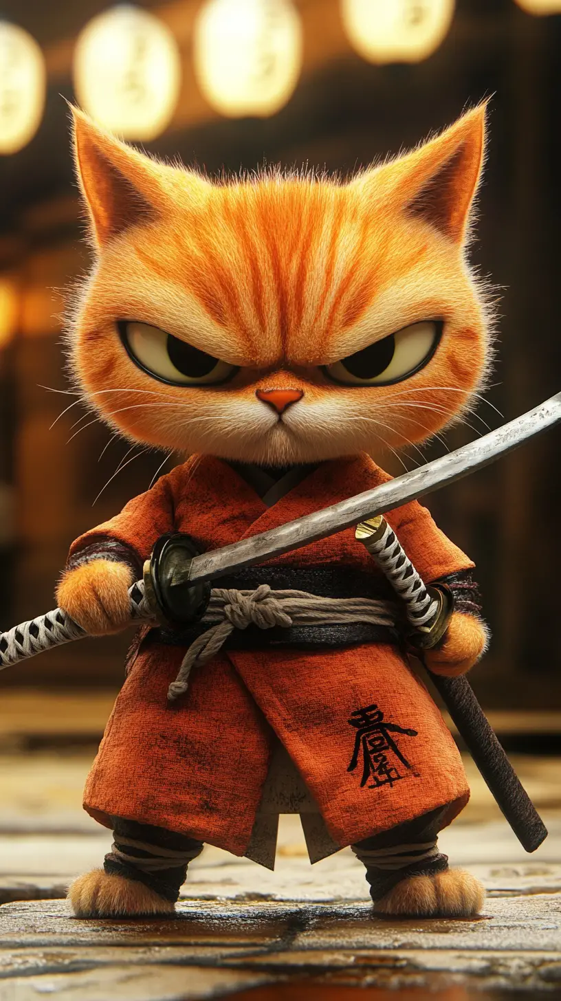 Angry orange samurai cat in playful pixar style 3d art