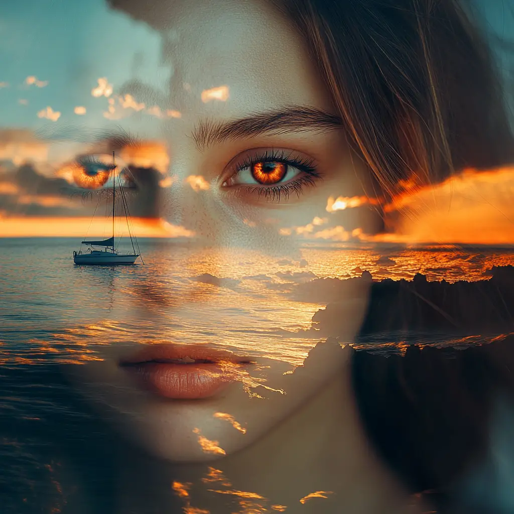 Double exposure portrait of a woman with ocean sunset