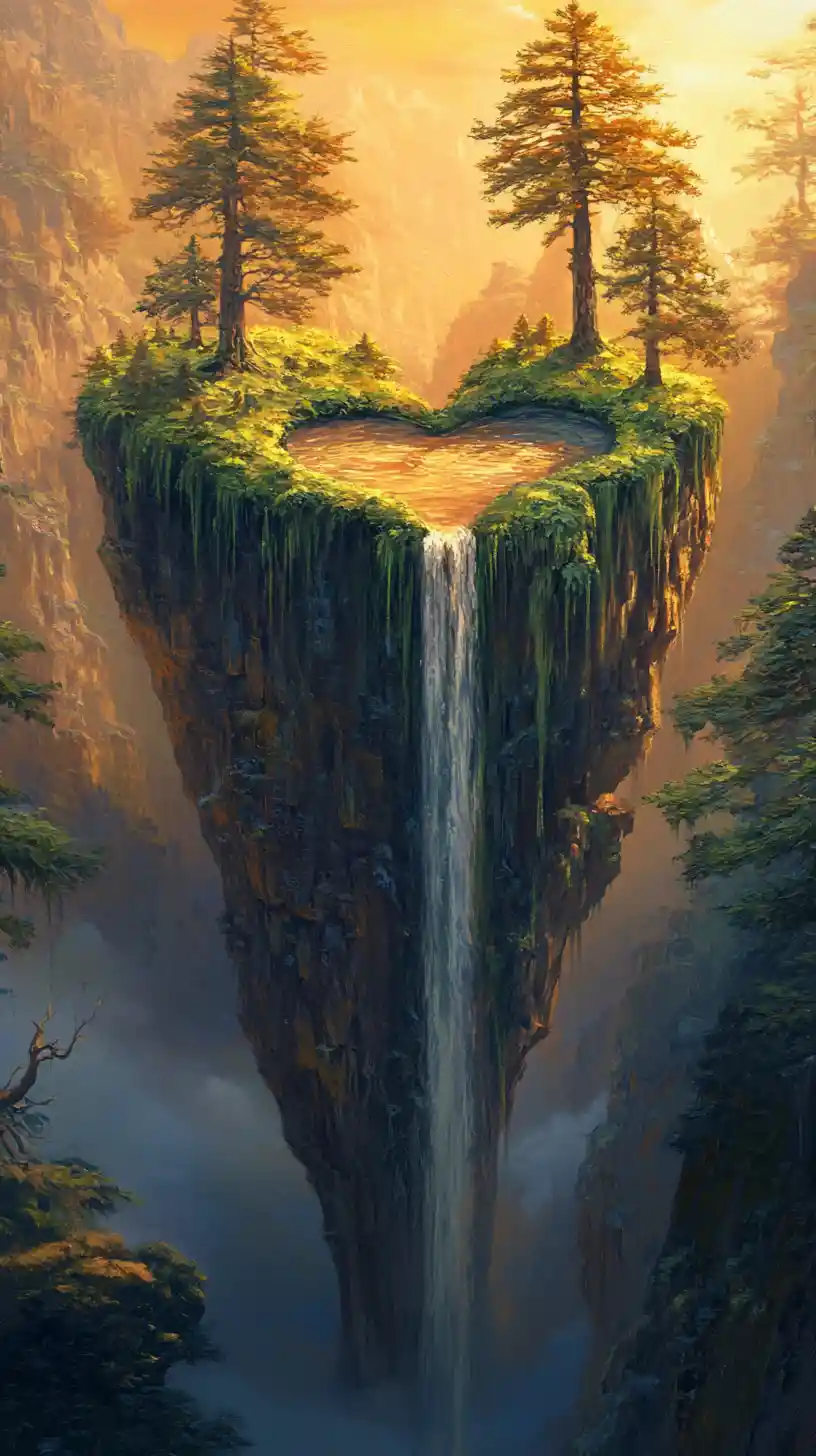 Whimsical mossy cliff waterfall in sunset forest