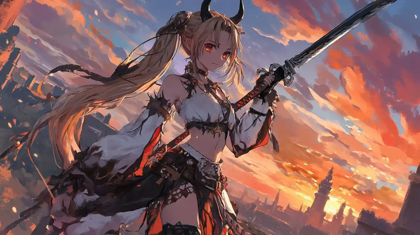 Horned dragon girl with sword in castle ruins at sunset