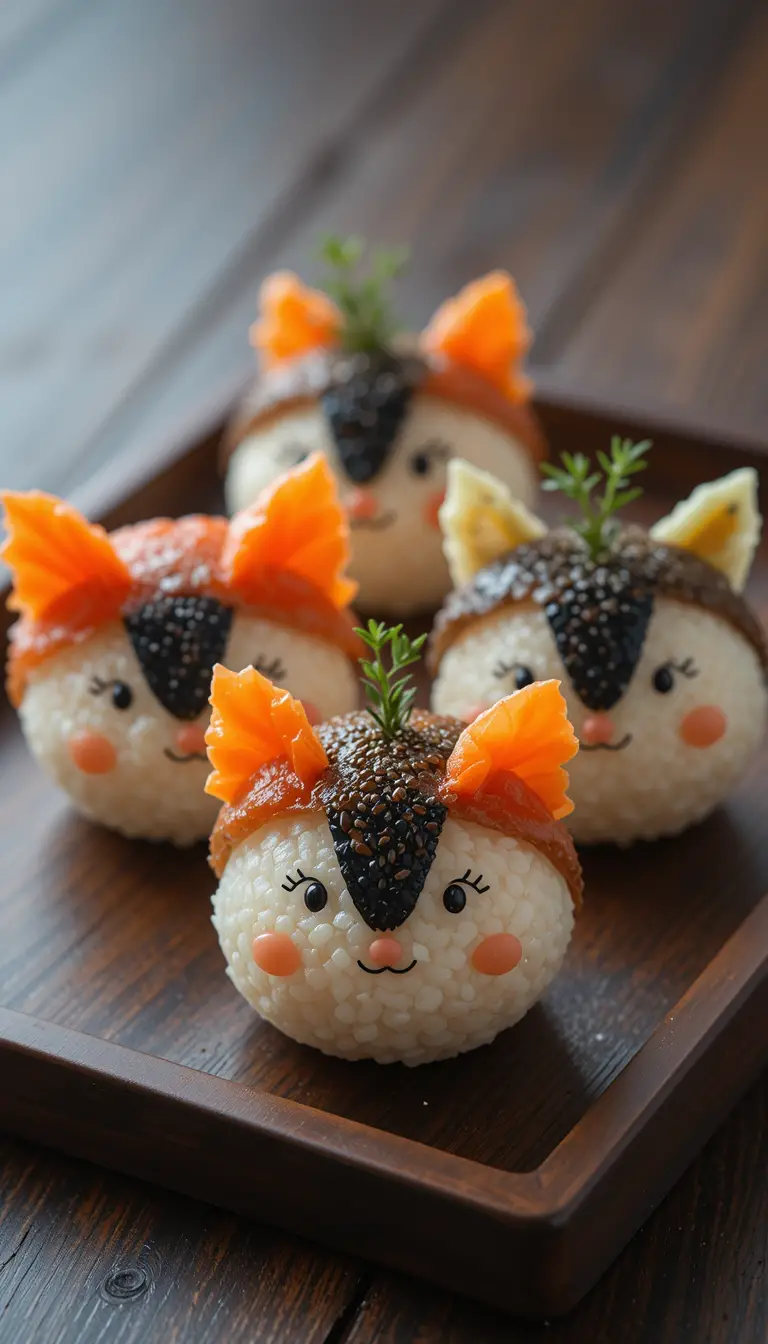 Cute animal rice balls on dark wooden serving tray