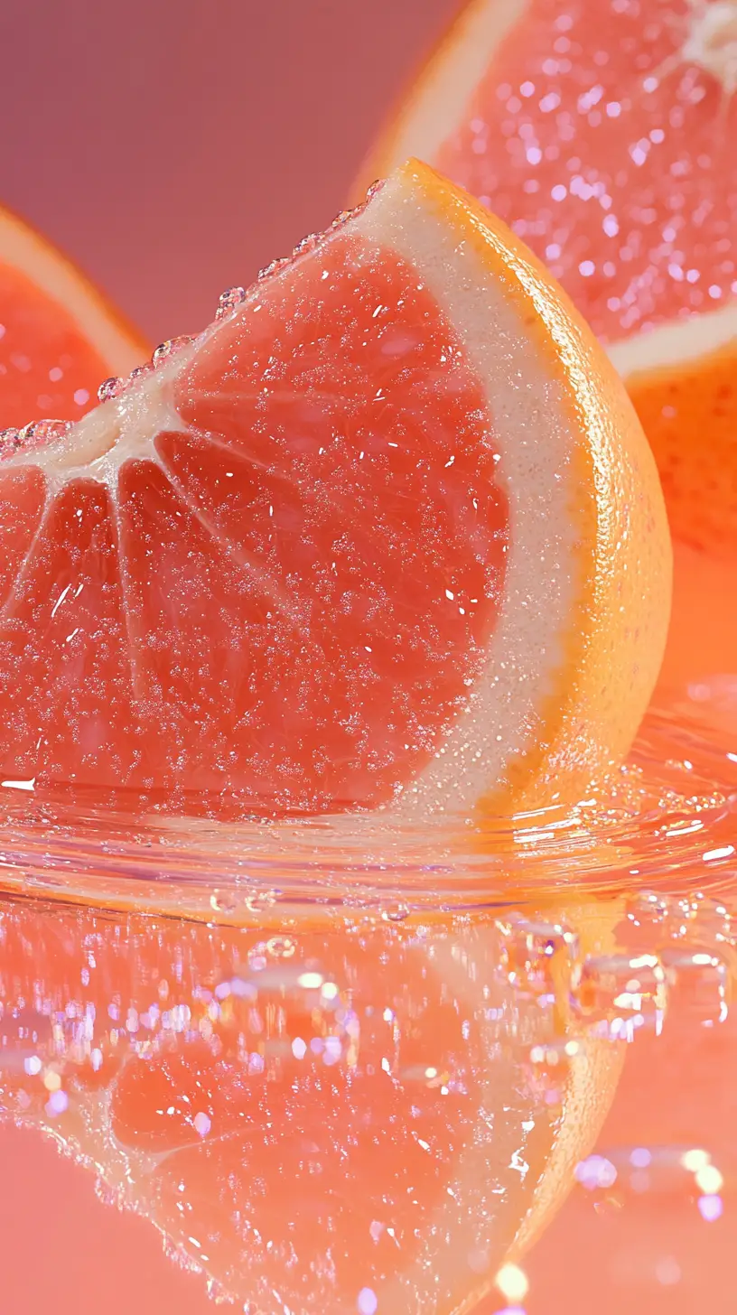 Close up of sliced pink grapefruit in clear water