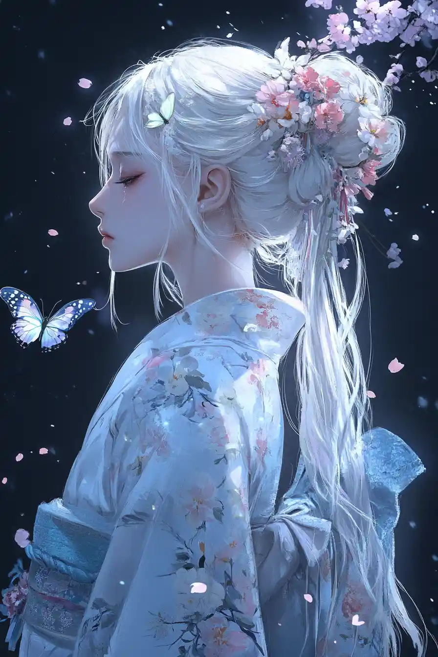 Elegant anime woman in floral kimono with butterflies