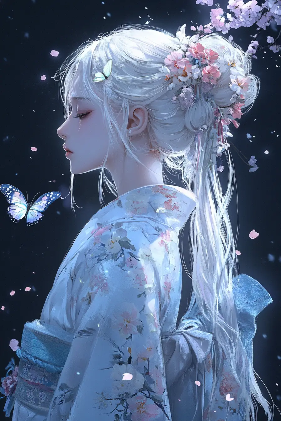 Elegant anime woman in floral kimono with butterflies