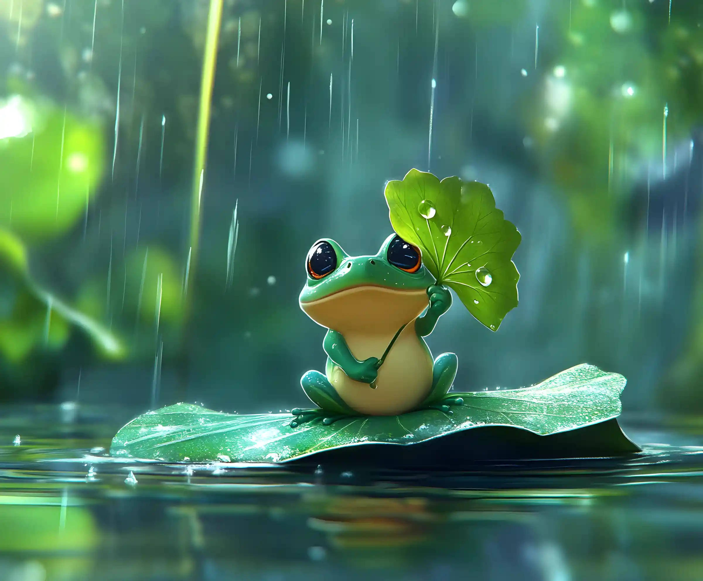 Cute frog on a leaf in a rainy disney style stream