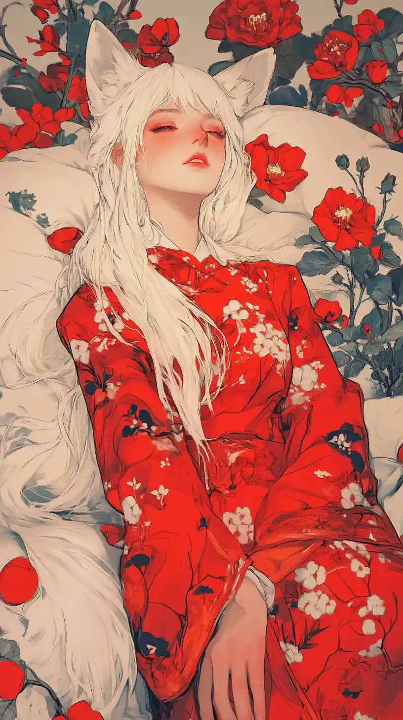 White fox girl sitting on a lush bed in red florals