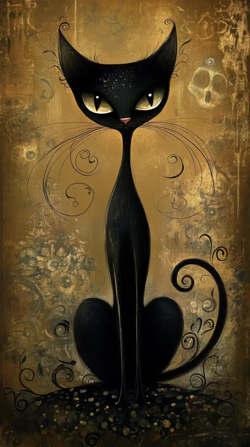 Surreal tall black cat painting in decorative golden style