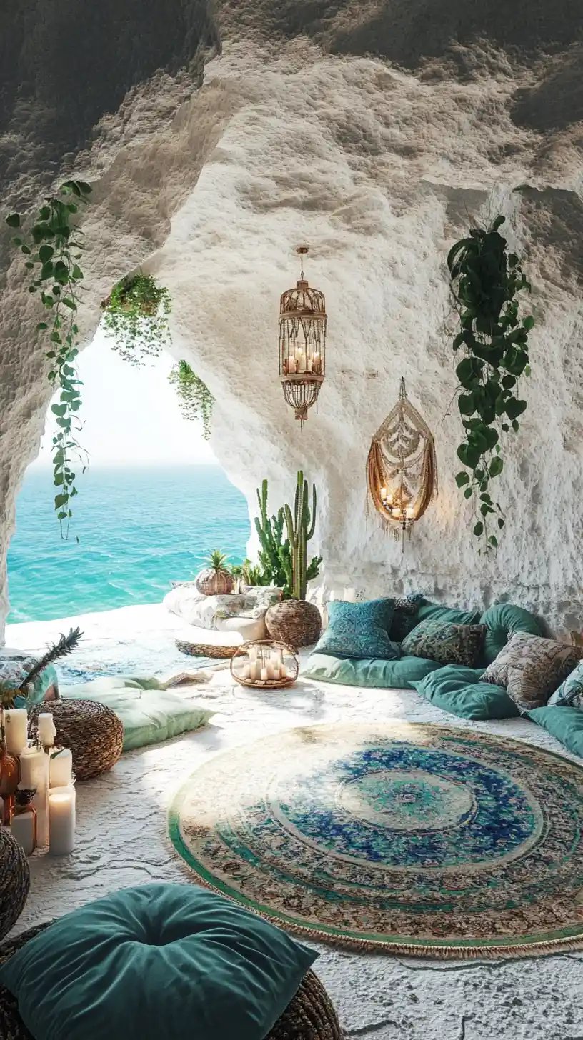 Interno di grotta boho con vista mare e acqua dolcemente illuminata dal sole