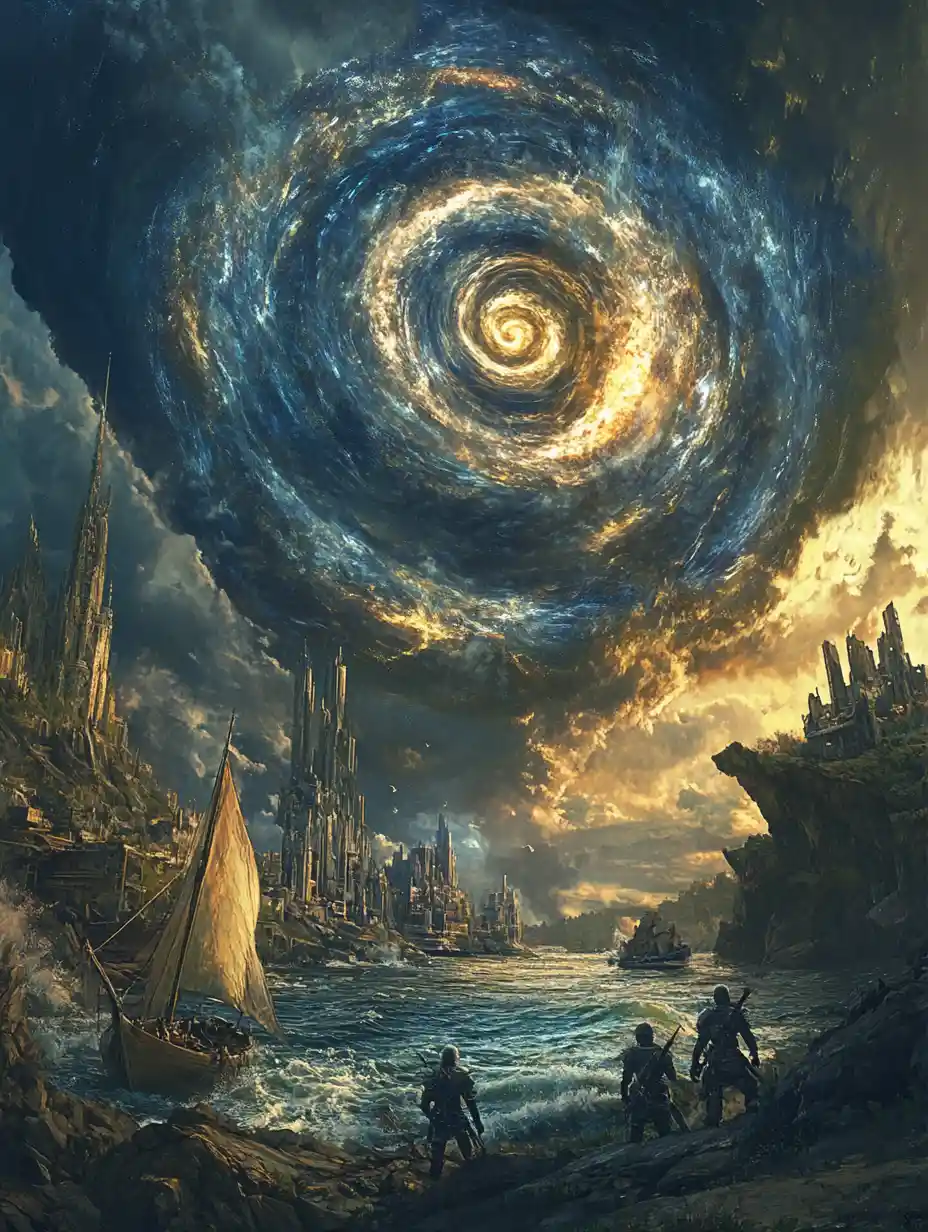 Fantasy Coastline With Sailboat And Spiral Sky Portal