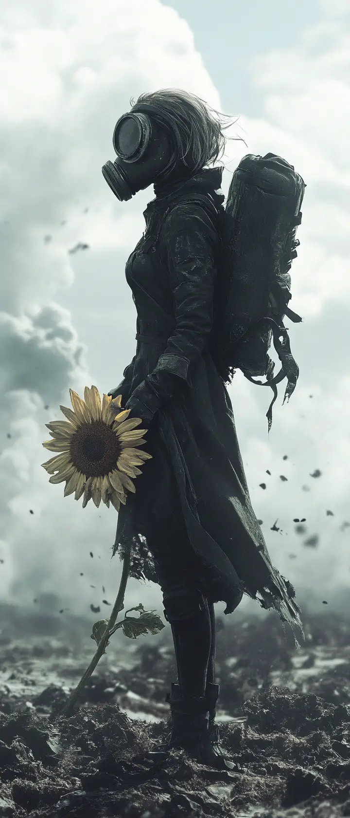Girl Holding Dead Sunflower In Barren Ashen Field