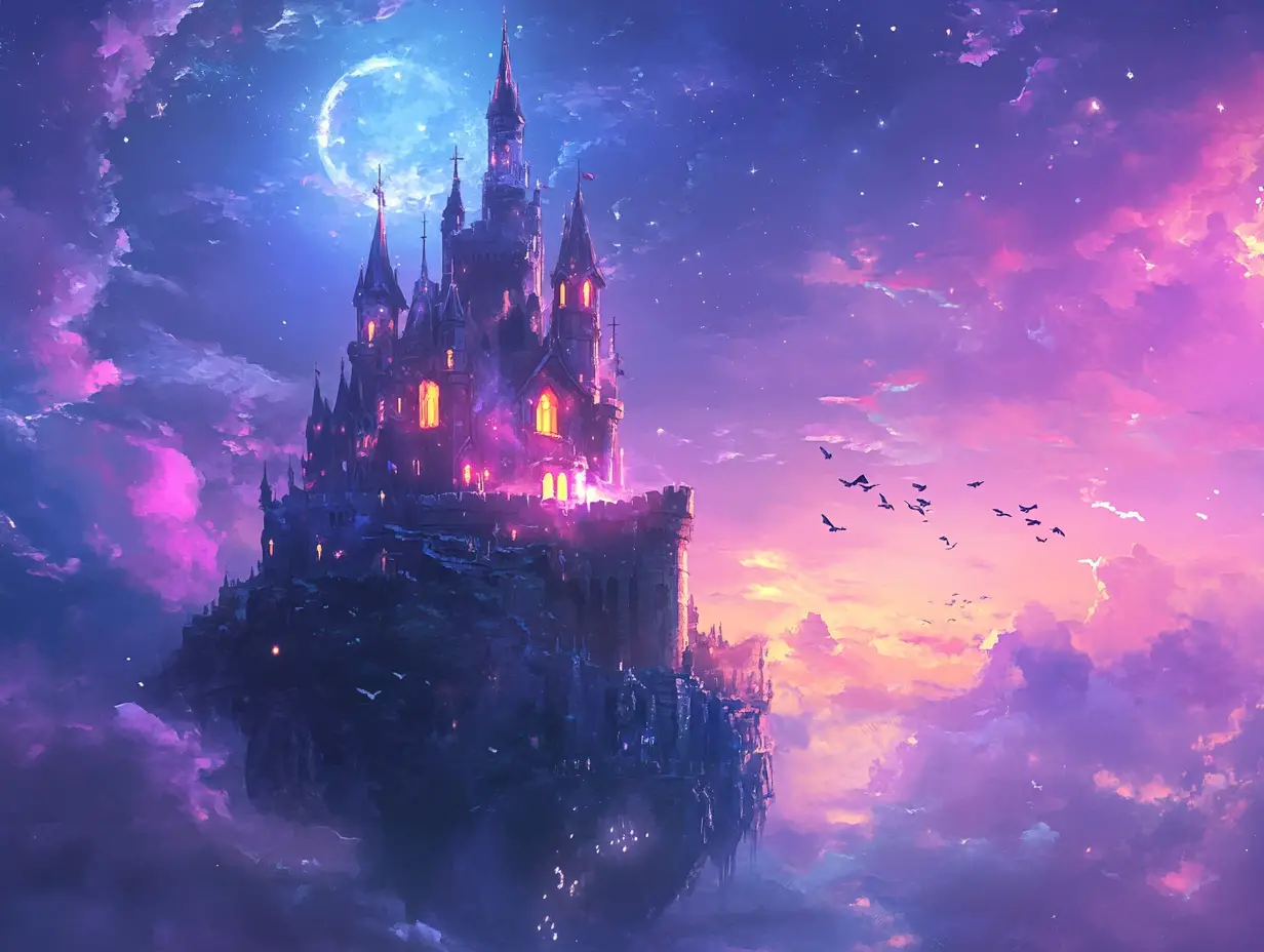 Anime floating castle under a dreamy moonlit sky