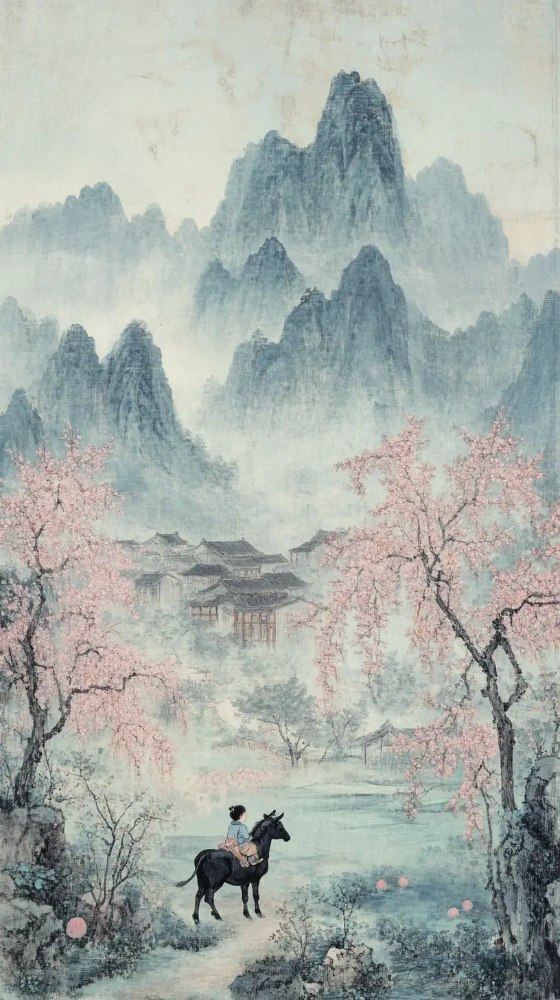 Child Riding A Cow In Traditional Chinese Mountain Landscape