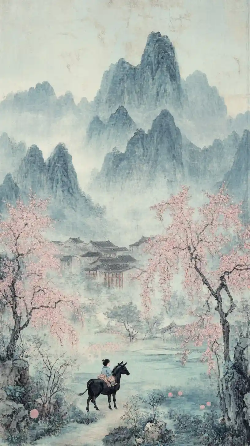 Child Riding A Cow In Traditional Chinese Mountain Landscape
