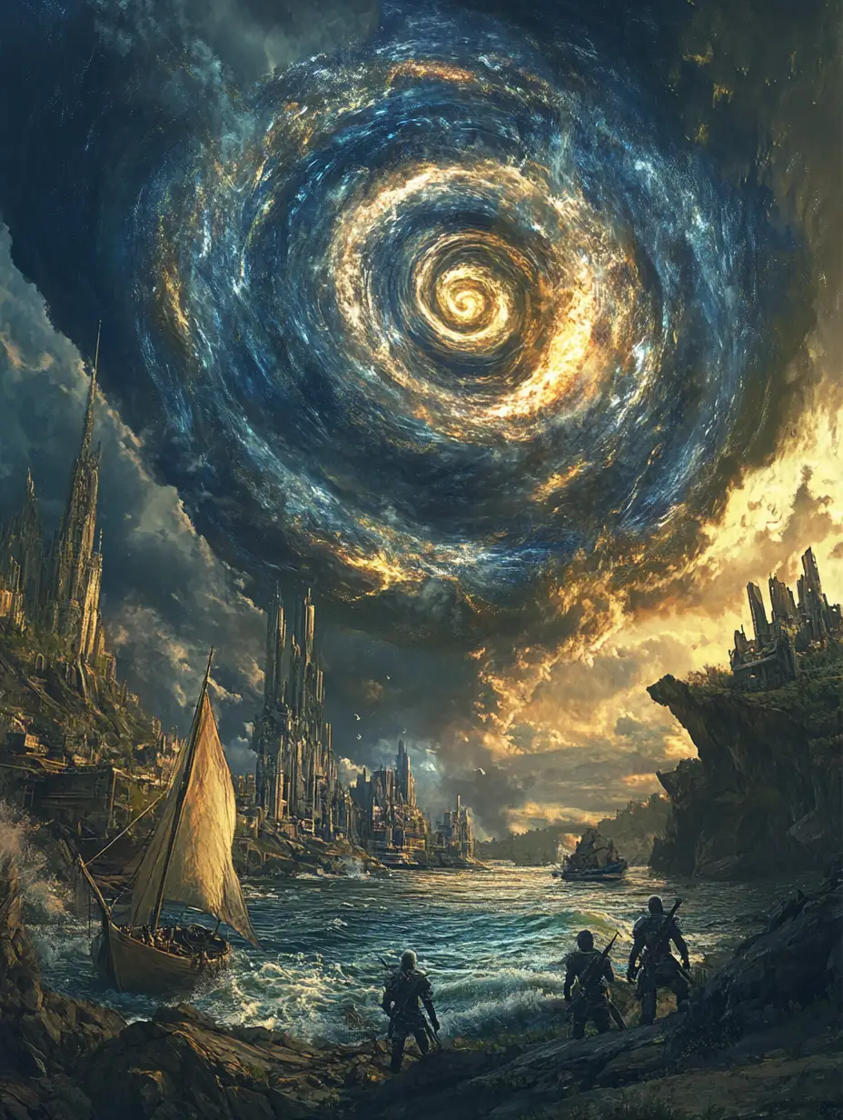 Fantasy Coastline With Sailboat And Spiral Sky Portal