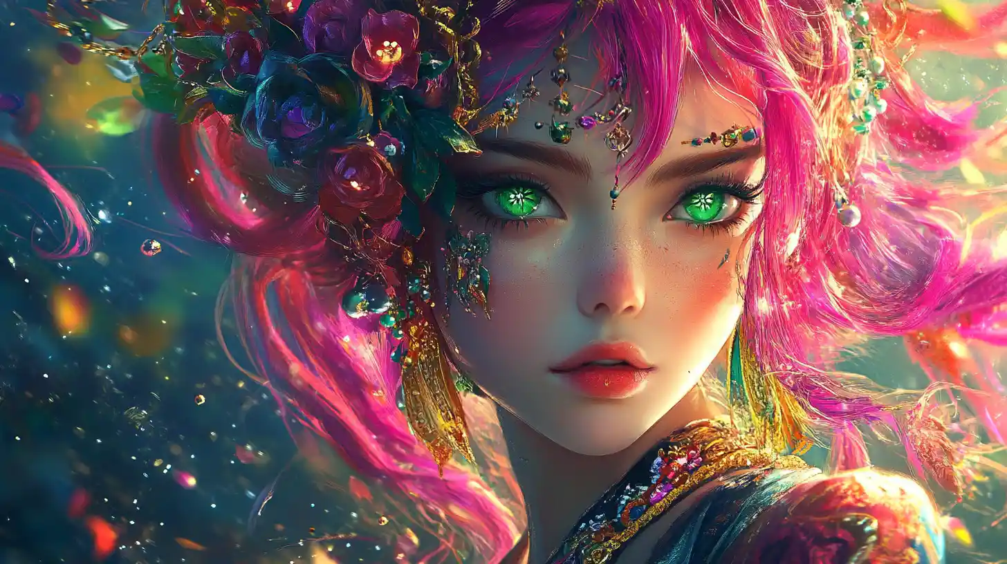 Anime girl twirling in a swirling fantasy of color