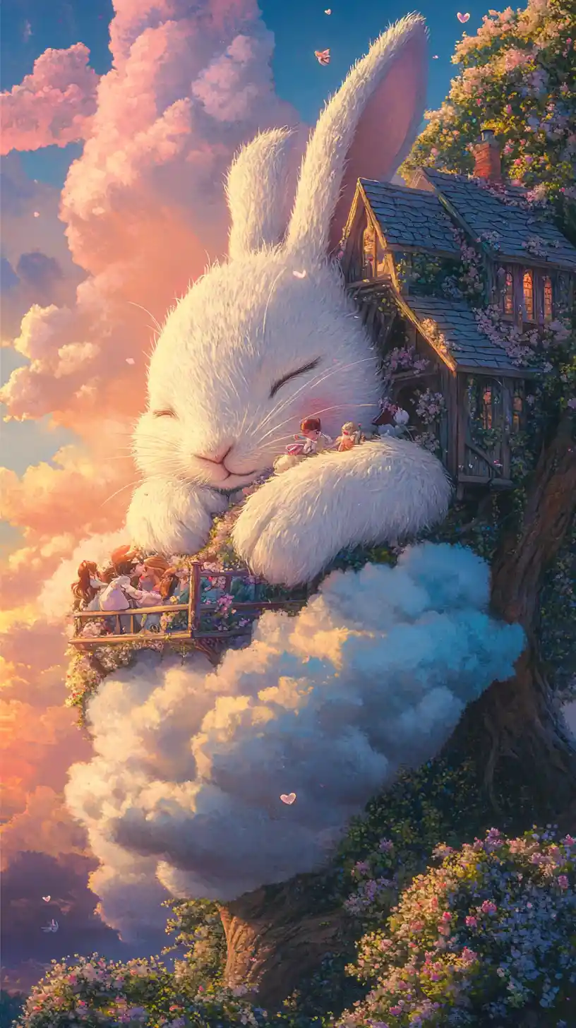 Giant rabbit sleeping on a fluffy cloud bed