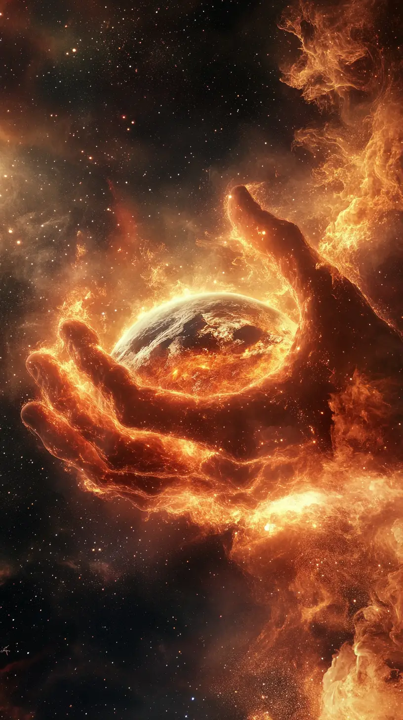 Fiery cloud hand holding a glowing planet in space