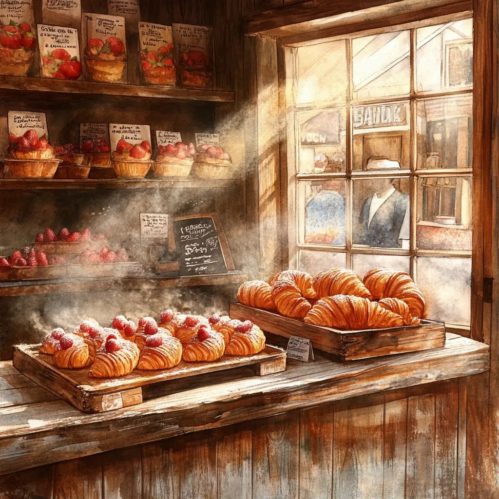 Sunlit pastries in a rustic wooden convenience store interior