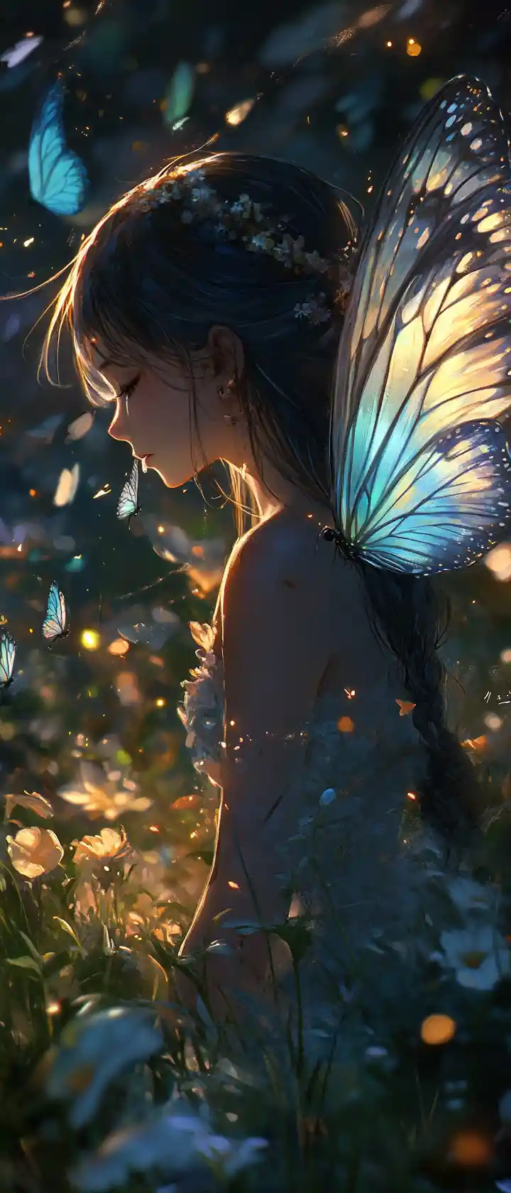 Anime girl with butterfly wings in a twilight meadow
