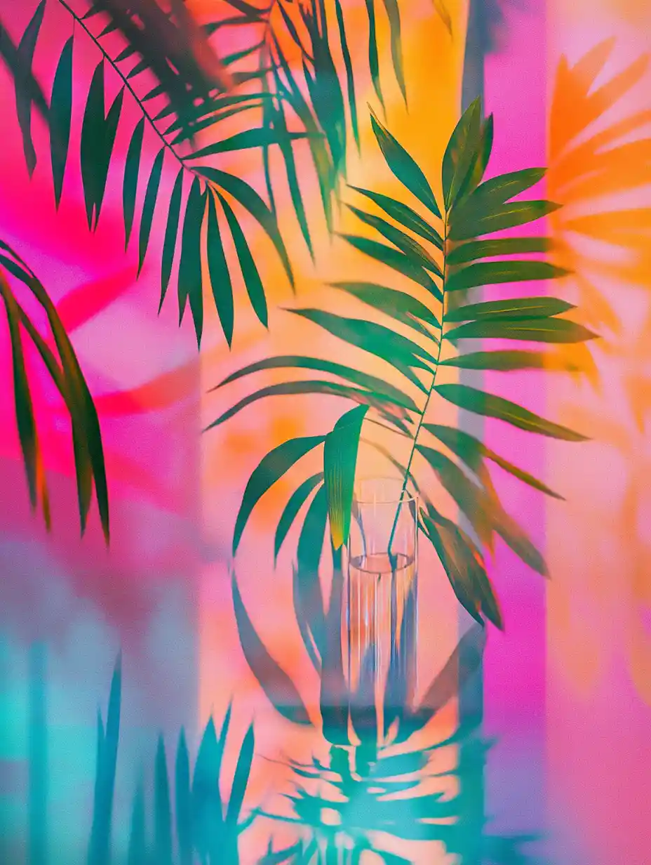 Colorful tropical plant reflection on modern glass surface