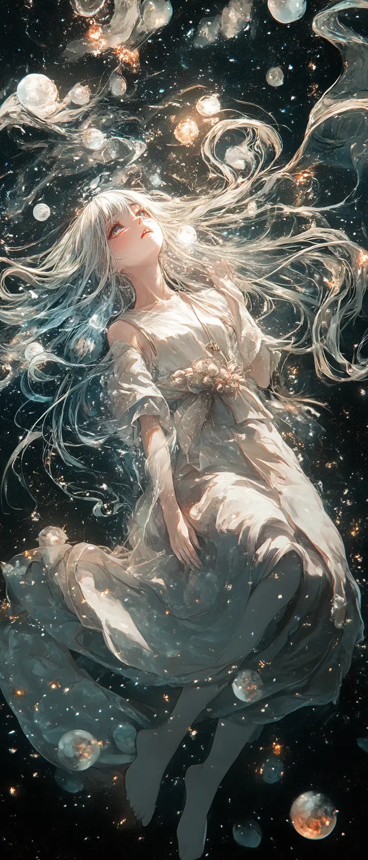 Ethereal silver haired girl floating in cosmic constellations