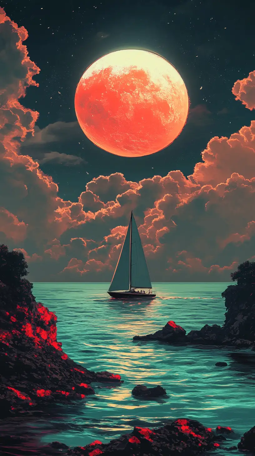 Sailboat On Calm Turquoise Sea Under Giant Red Moon