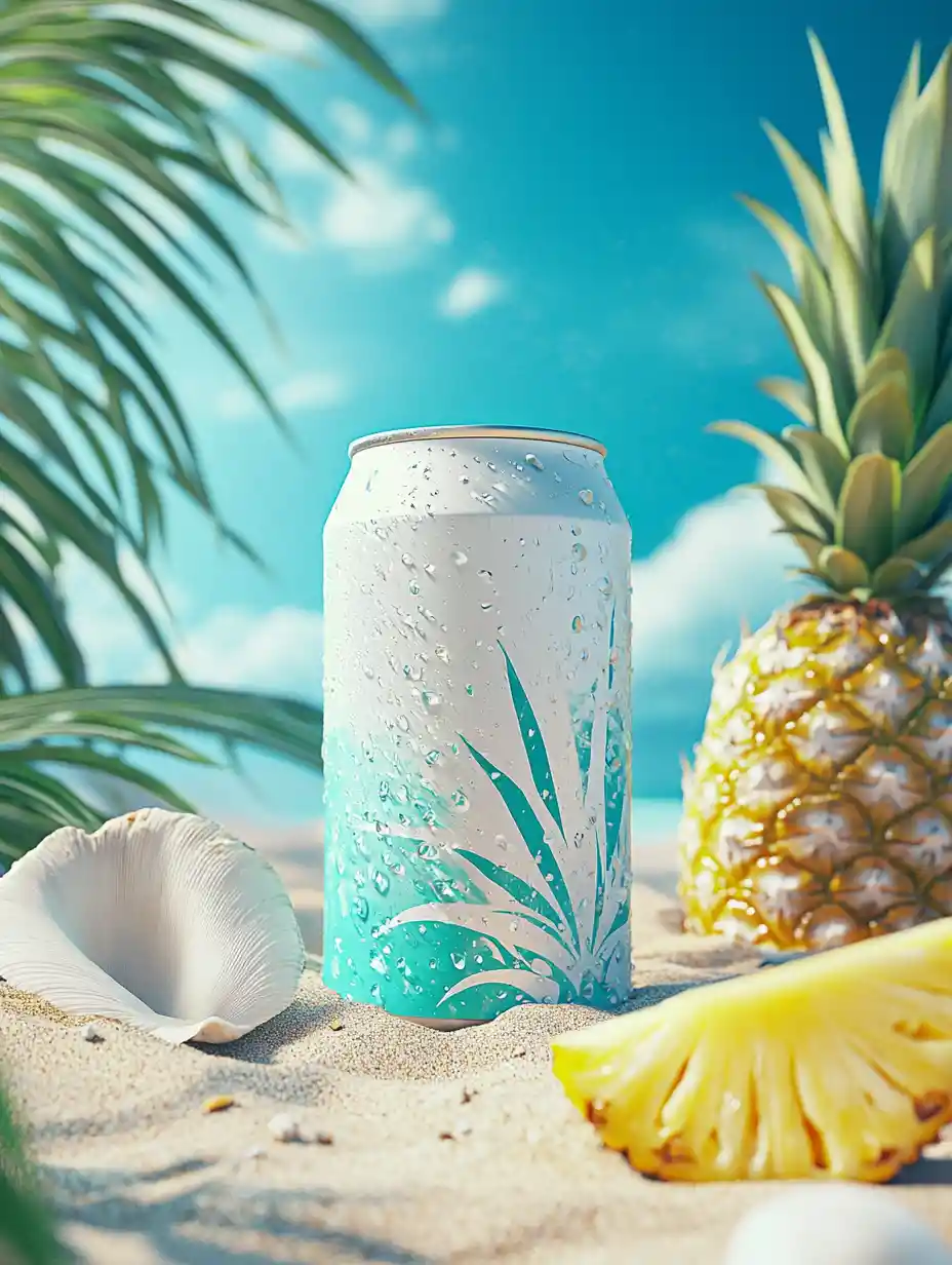 Sparkling pineapple soda can on sandy tropical beach