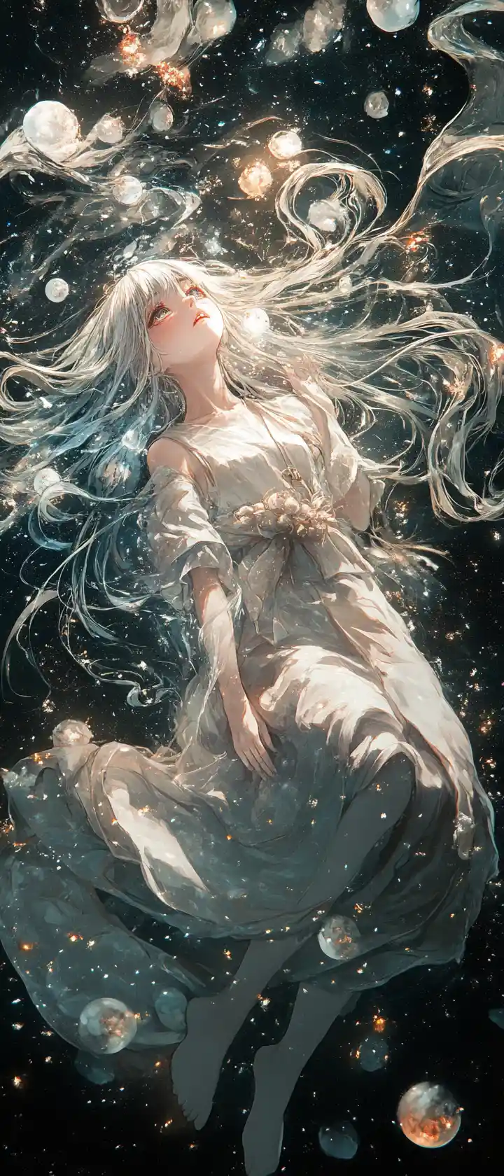 Ethereal silver haired girl floating in cosmic constellations