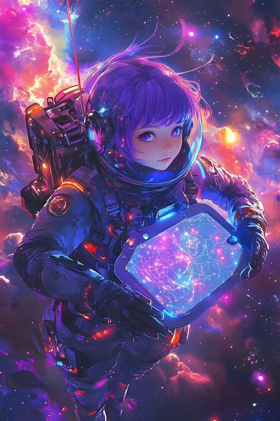 Anime girl astronaut floating in vibrant cosmic nebula