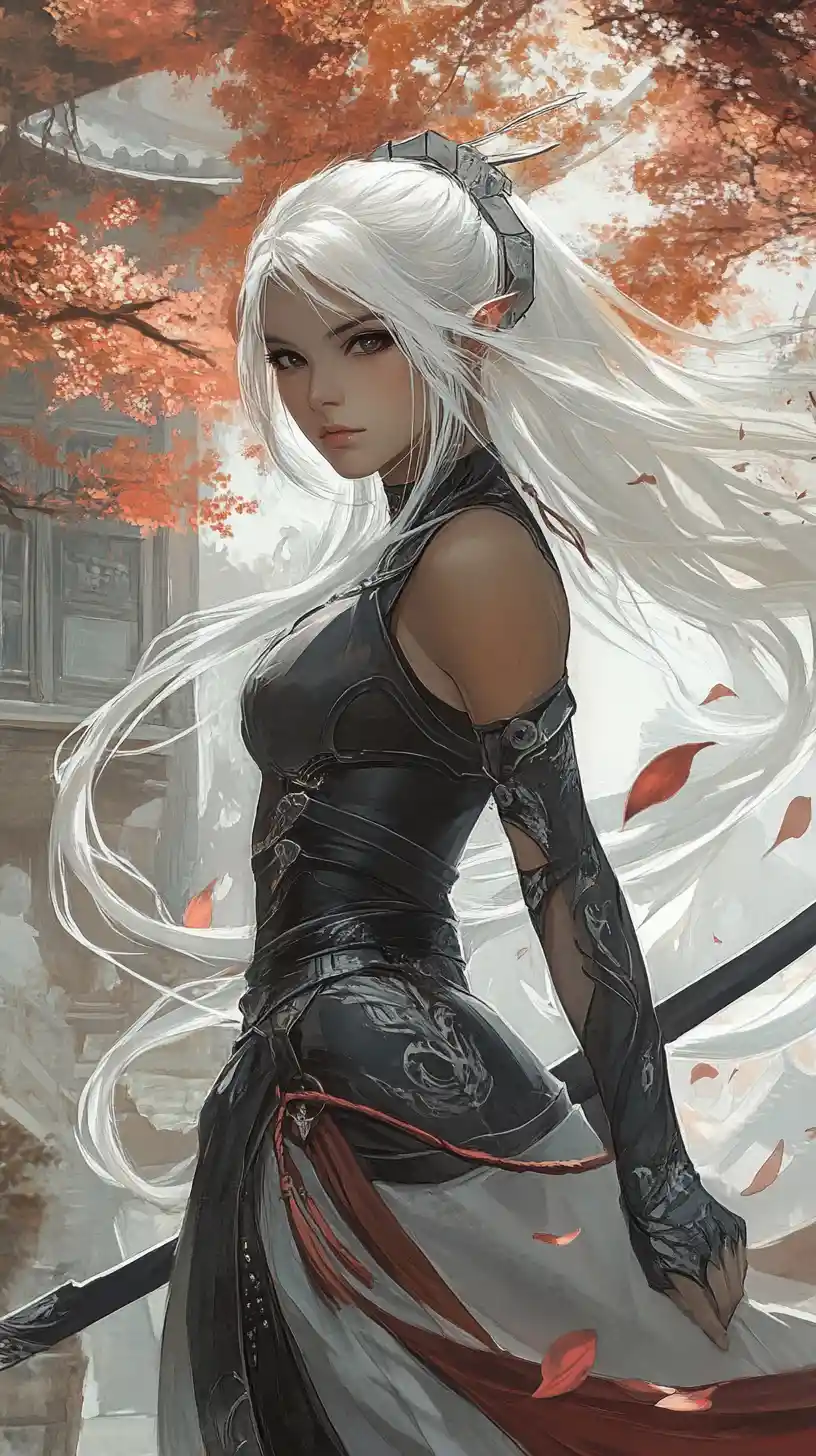 Futuristic warrior woman with sword in asian fantasy city