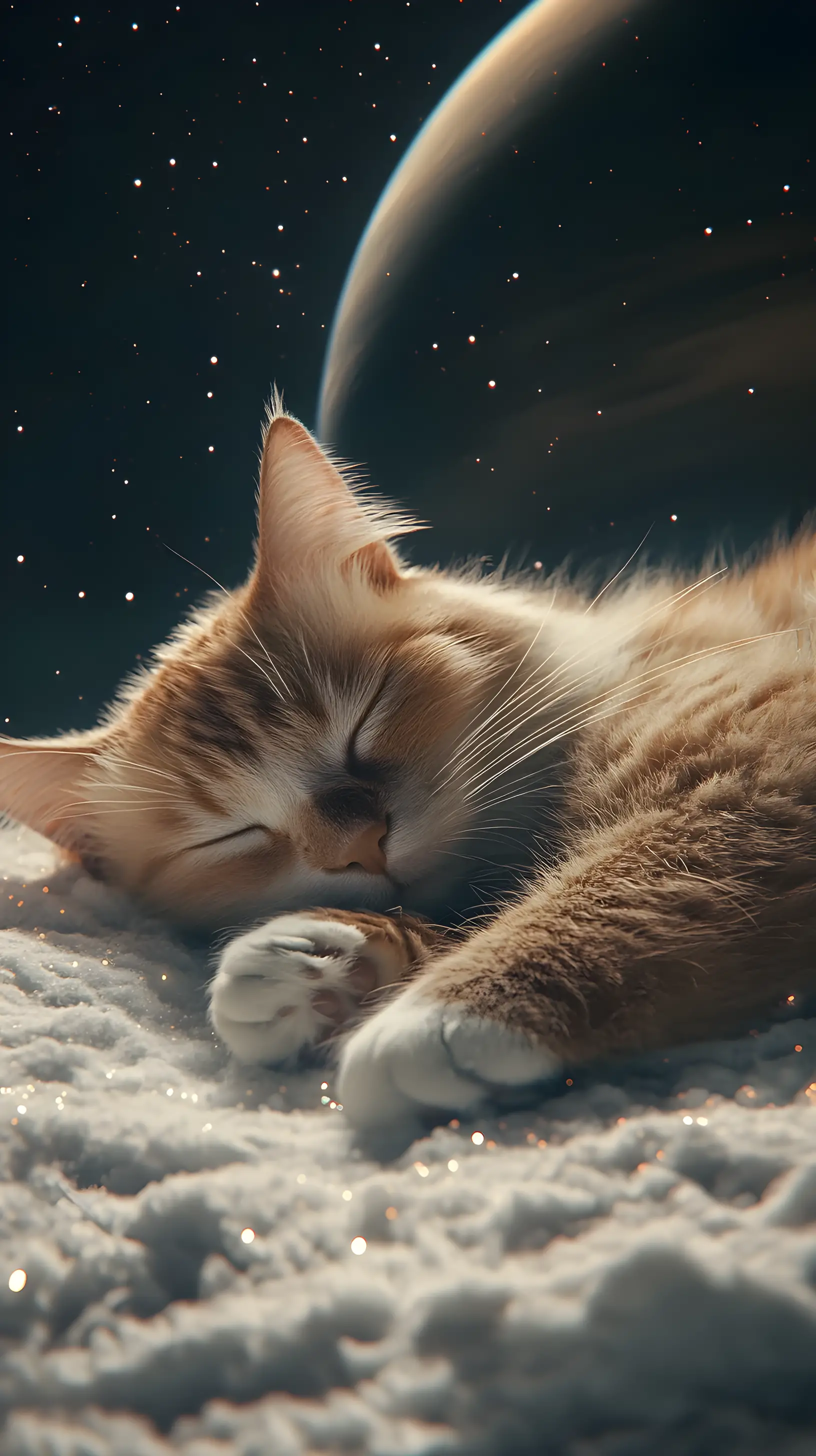 Siamese cat sleeping on the rings of Saturn in space