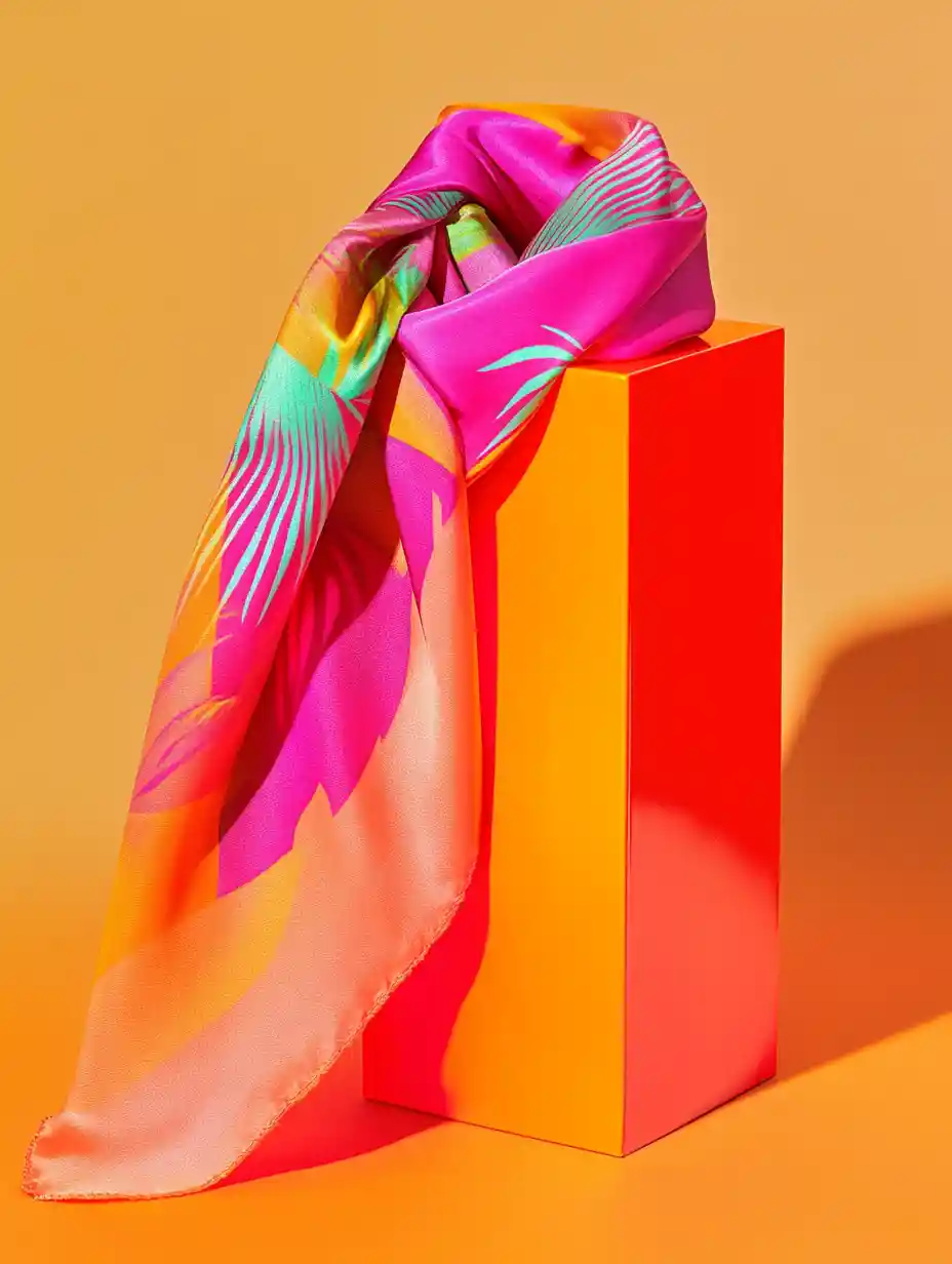 Silk scarf flowing from glossy colorful gift box