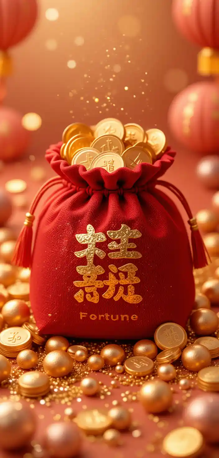 Red fortune pouch overflowing with golden coins and ingots