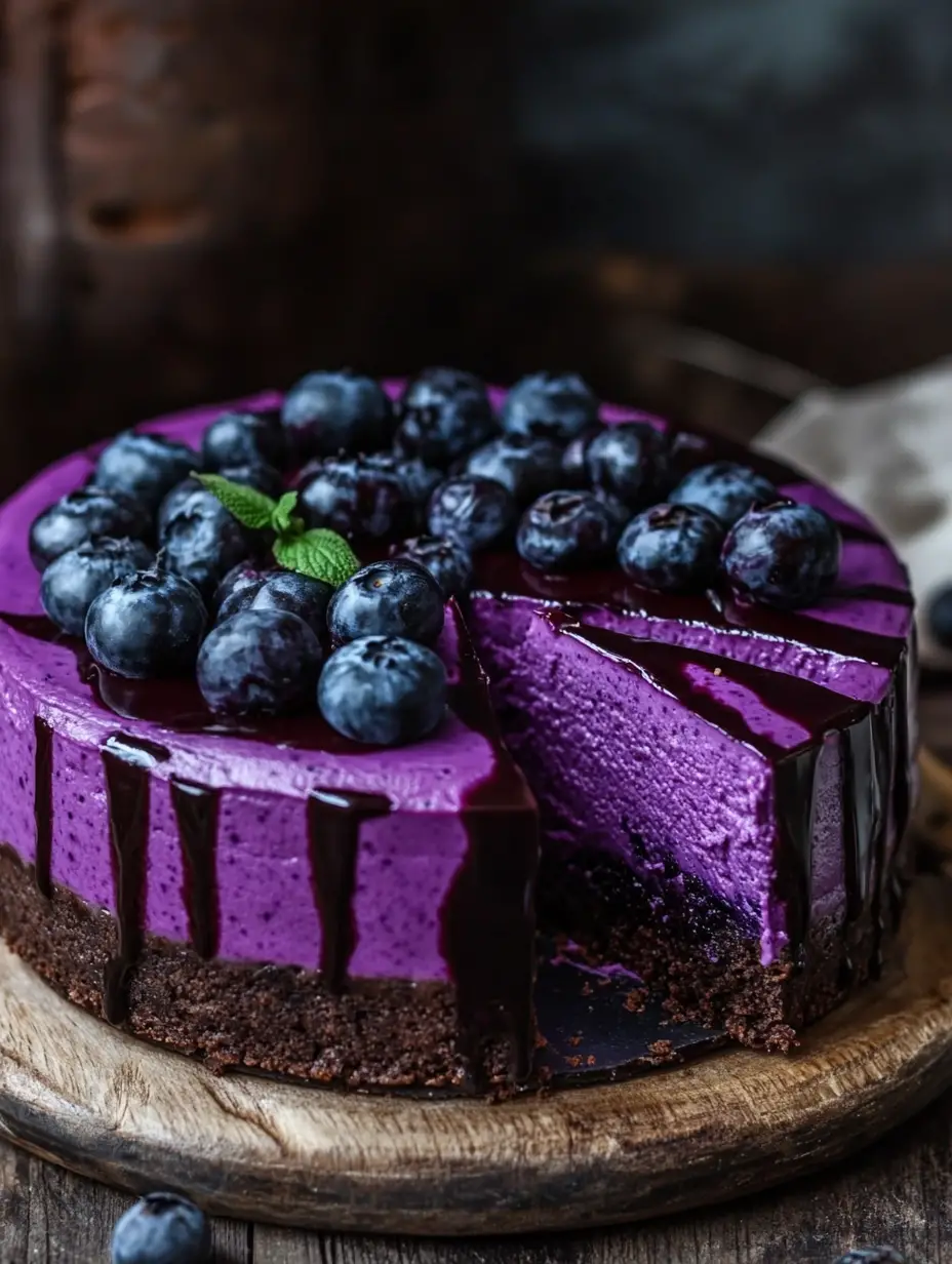 Purple cheesecake with chocolate ganache and blueberries