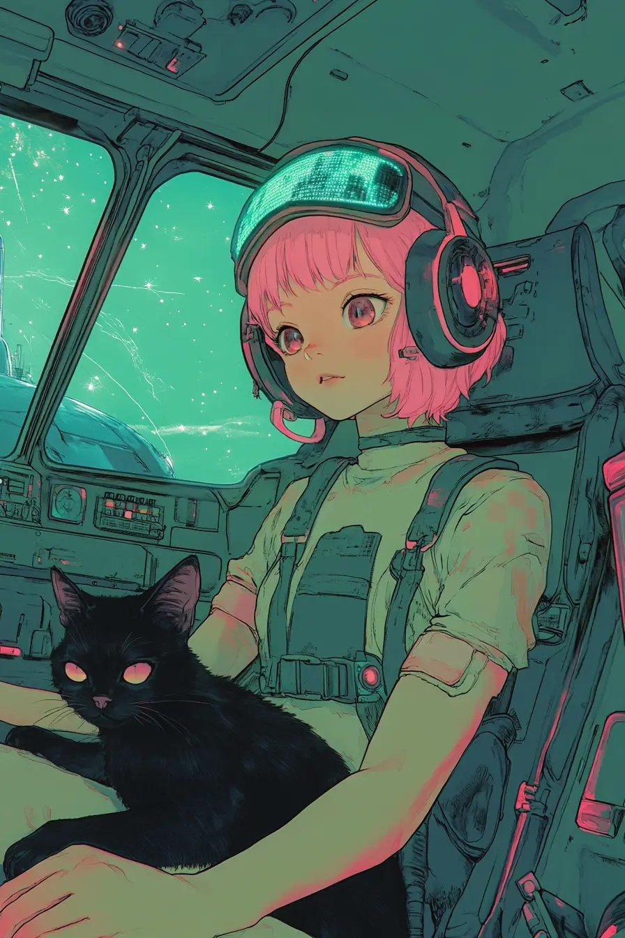 レトロフューチャーな宇宙ビークルに乗るアニメ少女と猫