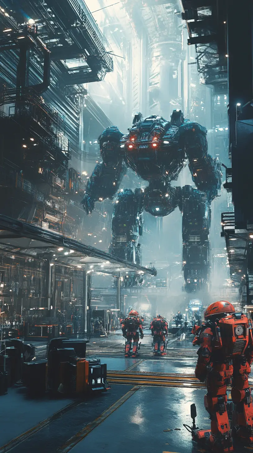 Mecha robots ready for battle in a futuristic hangar