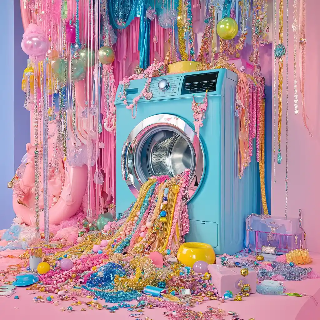 Overflowing blue washing machine with colorful jewelry spill