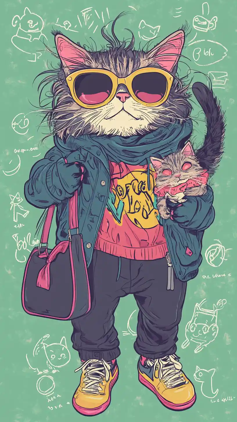 Cute cartoon cat in fashion clothes with playful energy