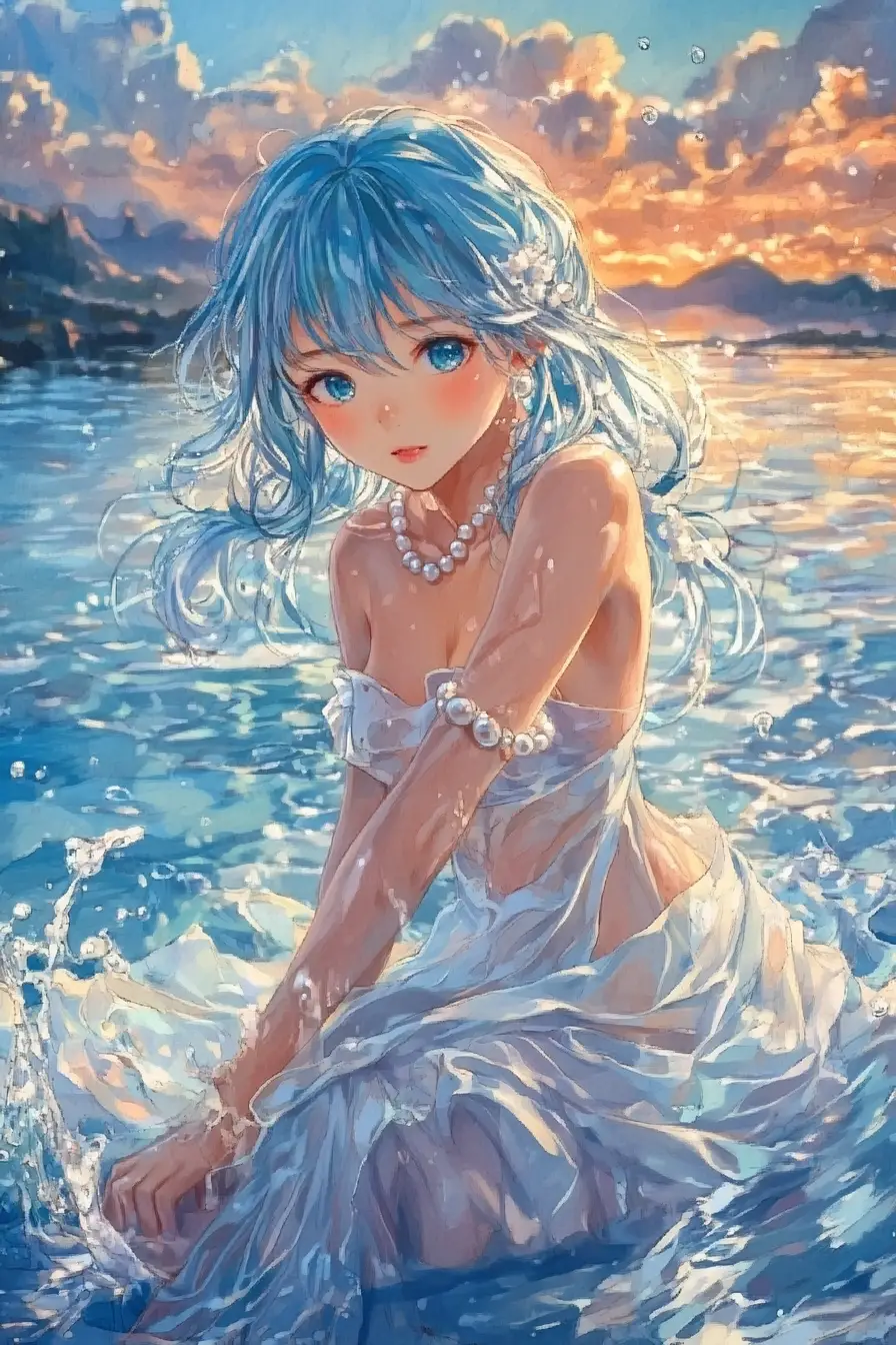 Anime girl dancing on a crystal lake at dusk