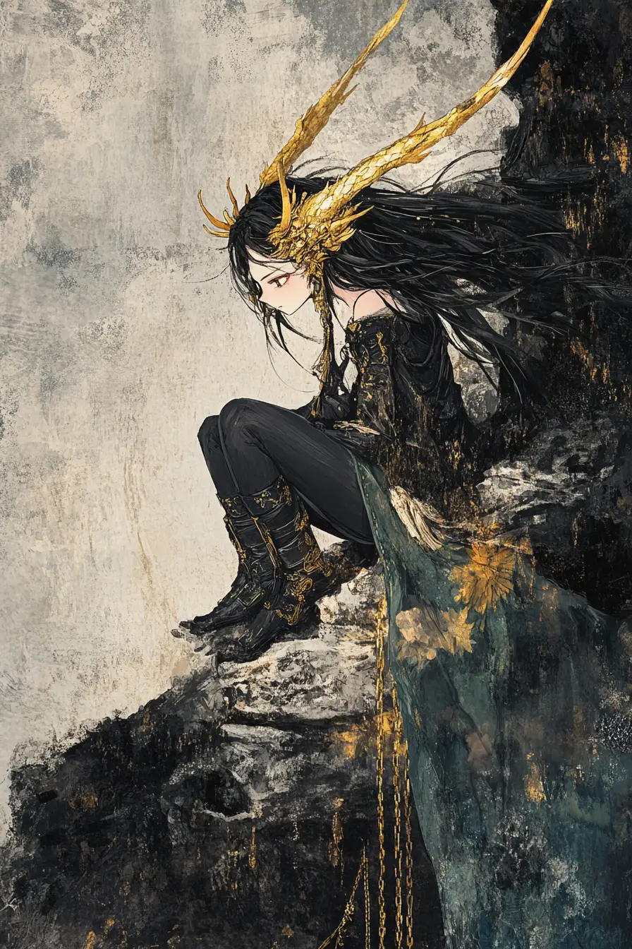 Anime horned girl chained on rock in dark cave